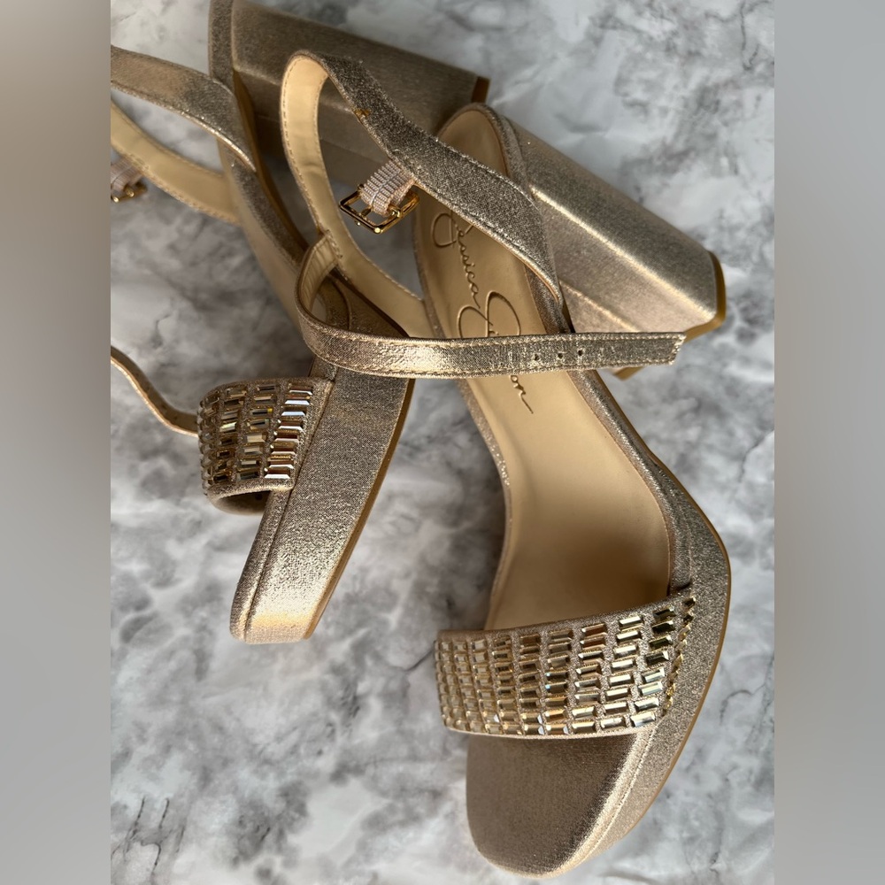Jessica Simpson Gold Rhinestone Block Heel Sandals